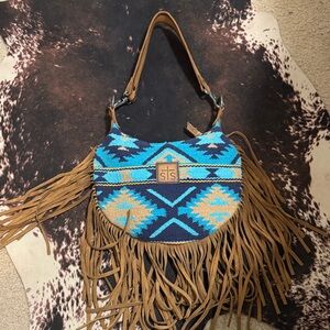 STS Blue and Tan Fringe Women Bag